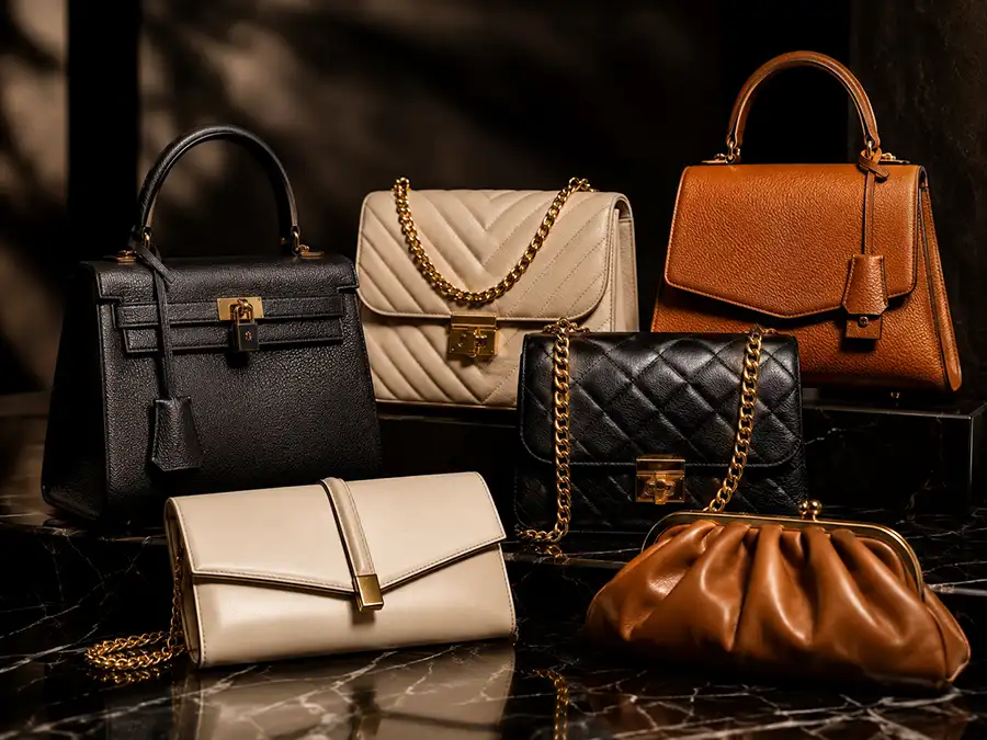 Elegant black designer handbag with gold details