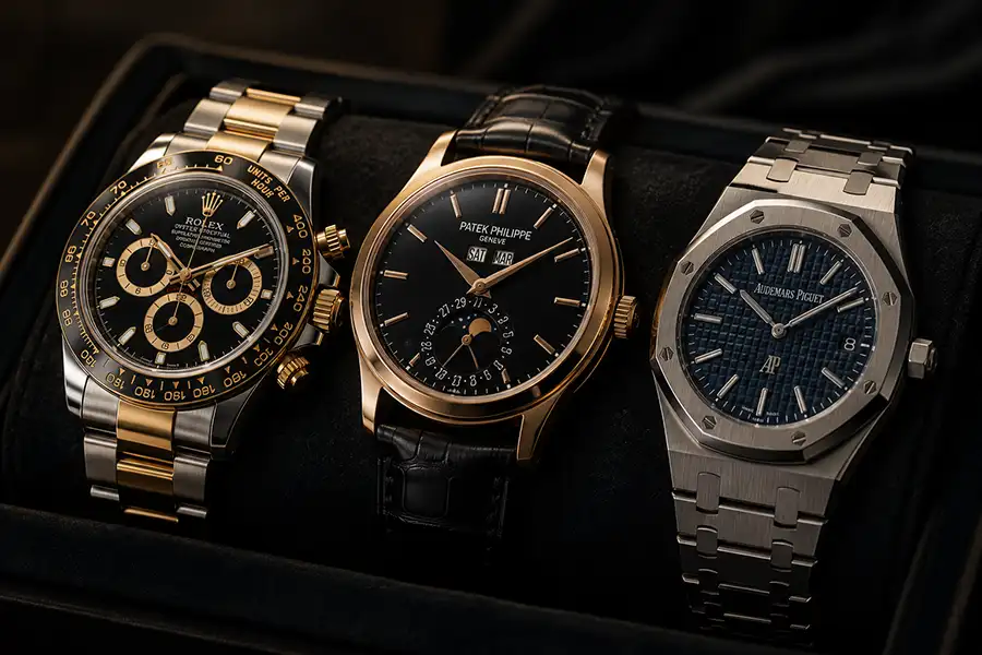Luxury watch displayed against dark fabric