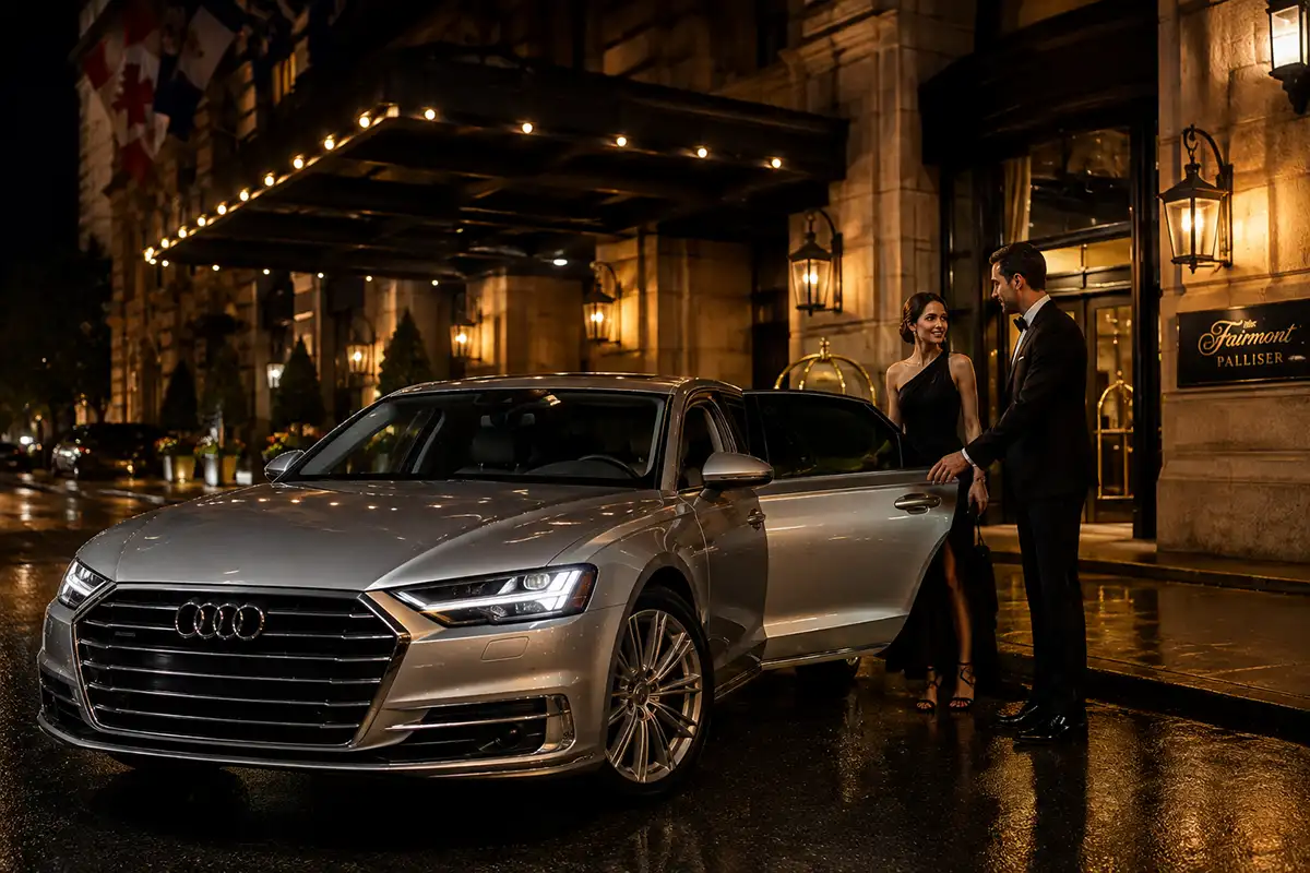 Guests arriving beside a luxury vehicle