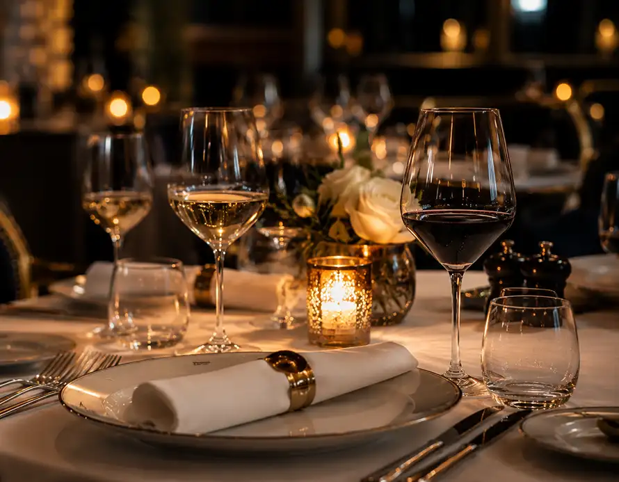 Elegant event table with floral arrangements and candlelight